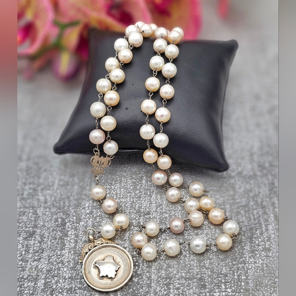 Vintage 1922 William Adams Sterling Silver Pearl Fob Necklace - Picture 1 of 4